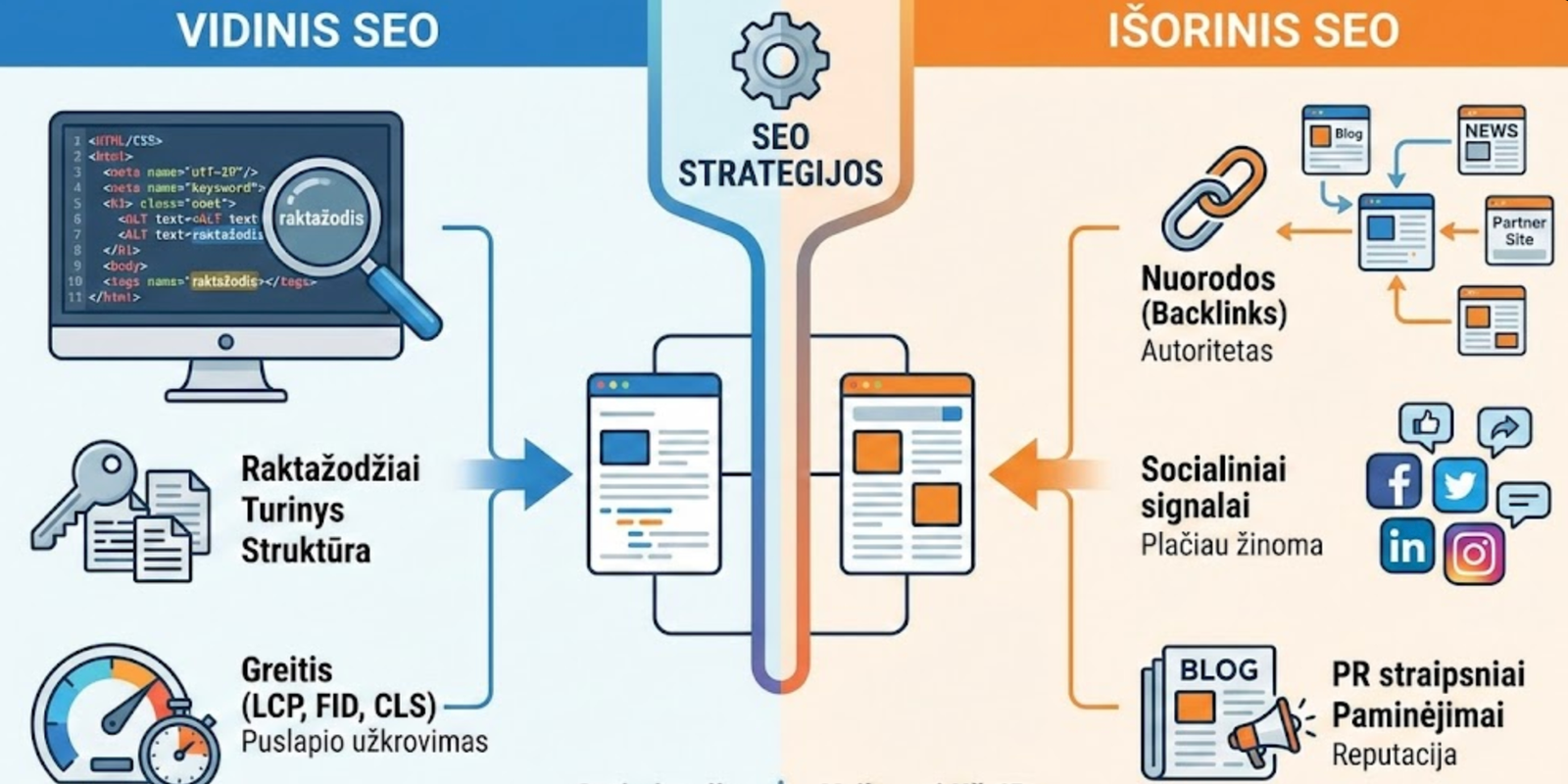 Infografikas, lyginantis vidinį optimizavimą ir išorinį SEO: nuorodų kūrimas, socialiniai signalai ir PR straipsniai.