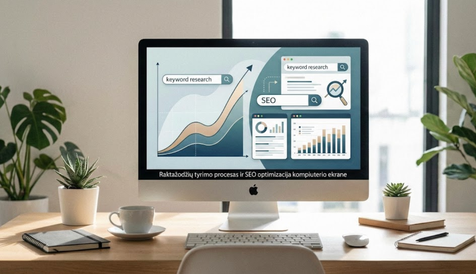 Raktažodžių tyrimo procesas ir SEO optimizacija kompiuterio ekrane su kylančio srauto grafiku.