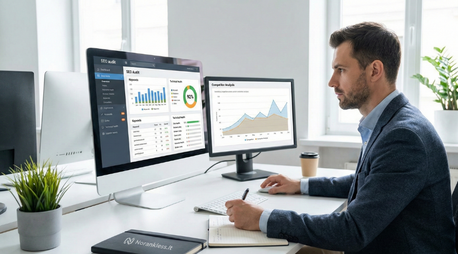Specialistas atlieka SEO auditą ir analizuoja svetainės optimizacijos duomenis dviejuose kompiuterio ekranuose.