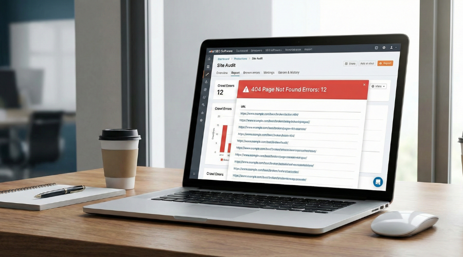 Nešiojamas kompiuteris, kurio ekrane SEO audito programinė įranga rodo įspėjimą apie rastas 