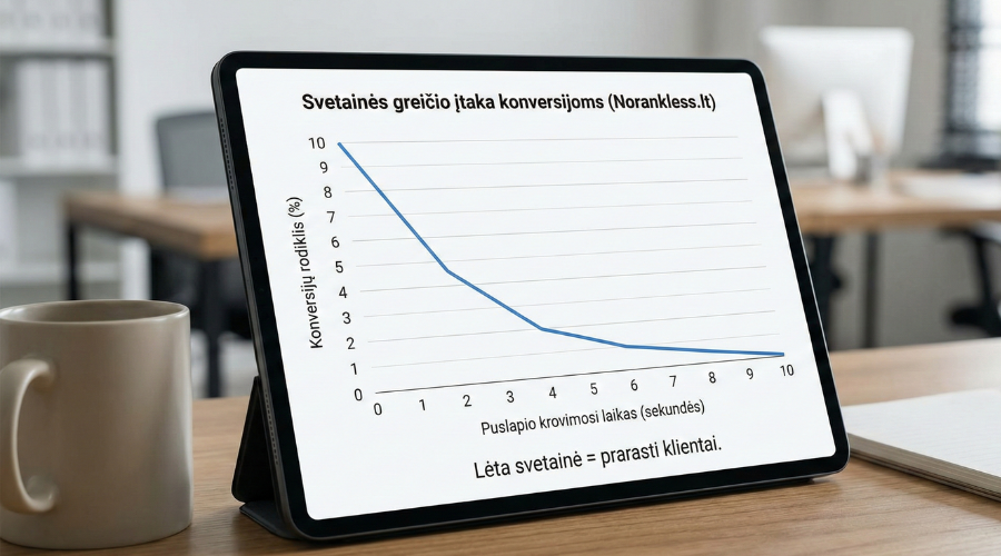 Grafikas planšetėje, vaizduojantis Norankless.lt duomenis apie svetainės greičio įtaką konversijų rodikliui. Kreivė rodo, kad ilgesnis krovimosi laikas kenkia SEO optimizacijai ir lemia prarastus klientus.