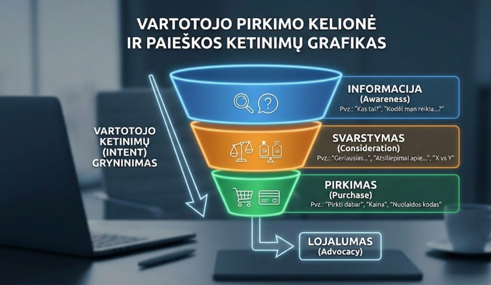 VNeoninio stiliaus pardavimų piltuvėlio (sales funnel) diagrama, vaizduojanti vartotojo pirkimo kelionės etapus. Viršuje – „Informacija (Awareness)“ su pavyzdinėmis užklausomis „Kas tai?“, viduryje – „Svarstymas (Consideration)“ su „Geriausias...“, apačioje – „Pirkimas (Purchase)“ su „Pirkti dabar“. Rodyklė šone rodo „Vartotojo ketinimų (Intent) gryninimą“, o pabaigoje – „Lojalumas (Advocacy)“. Fone neryškus biuro stalas su nešiojamu kompiuteriu.