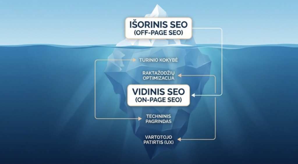 Vidinis SEO ledkalnis: turinio kokybė, raktažodžių optimizacija ir techninis pagrindas.